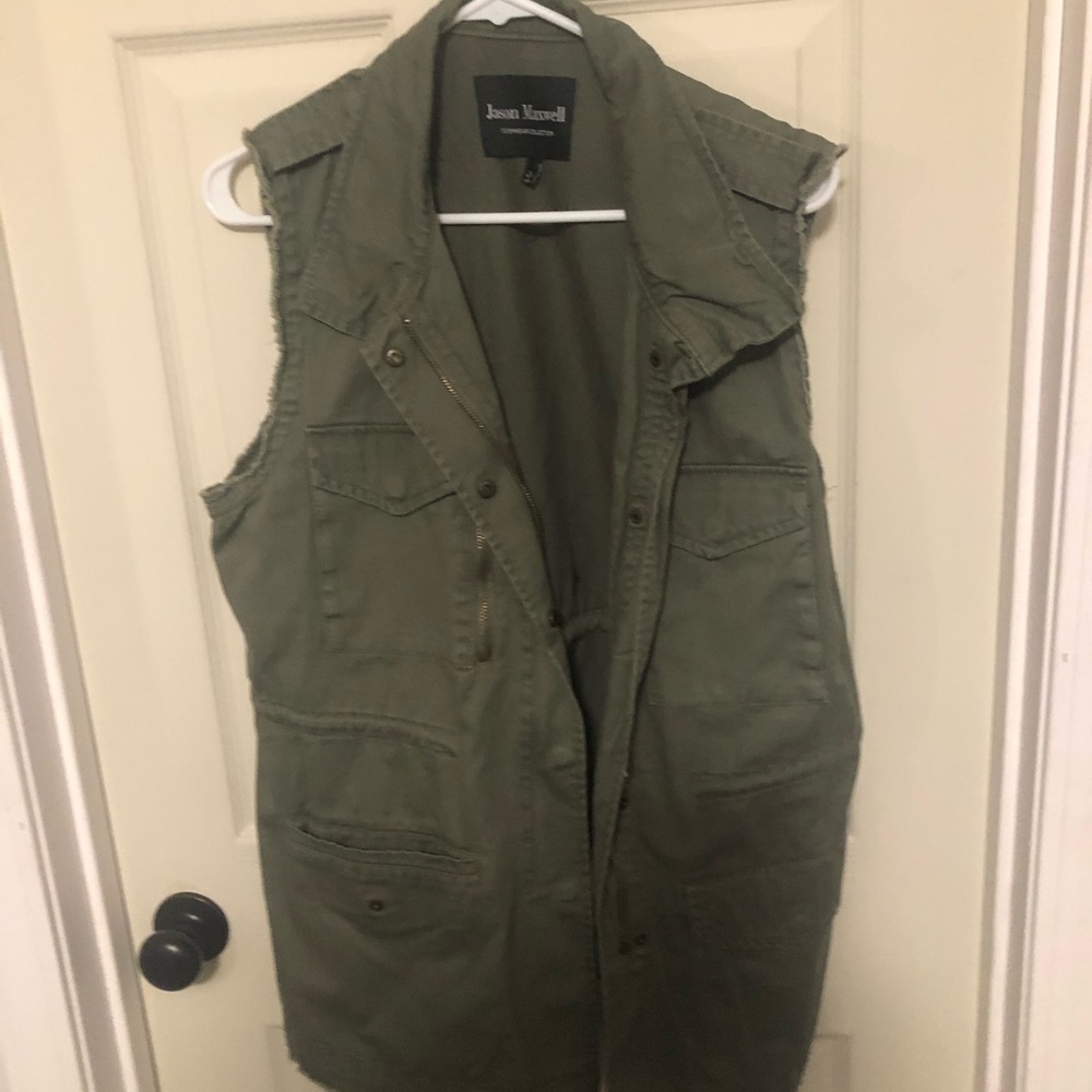 Jason Maxwell Vest, Army Green, size L, pockets, Frayed sleeves.